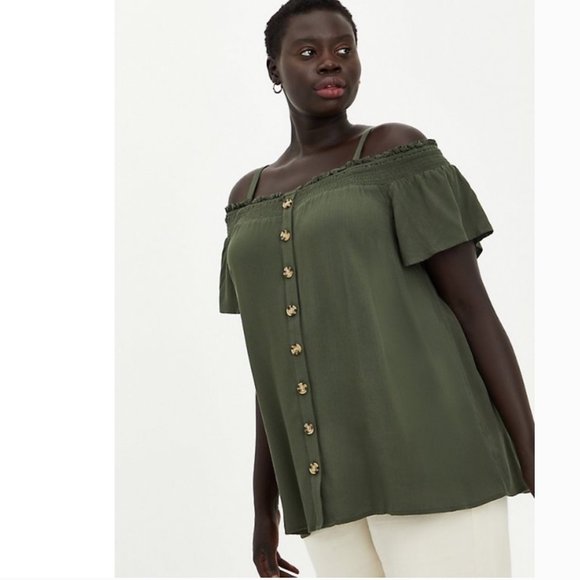 Torrid Rayon Crepe Cold Shoulder Smocked Gauze Olive Green Top Blouses 00 - Picture 2 of 8